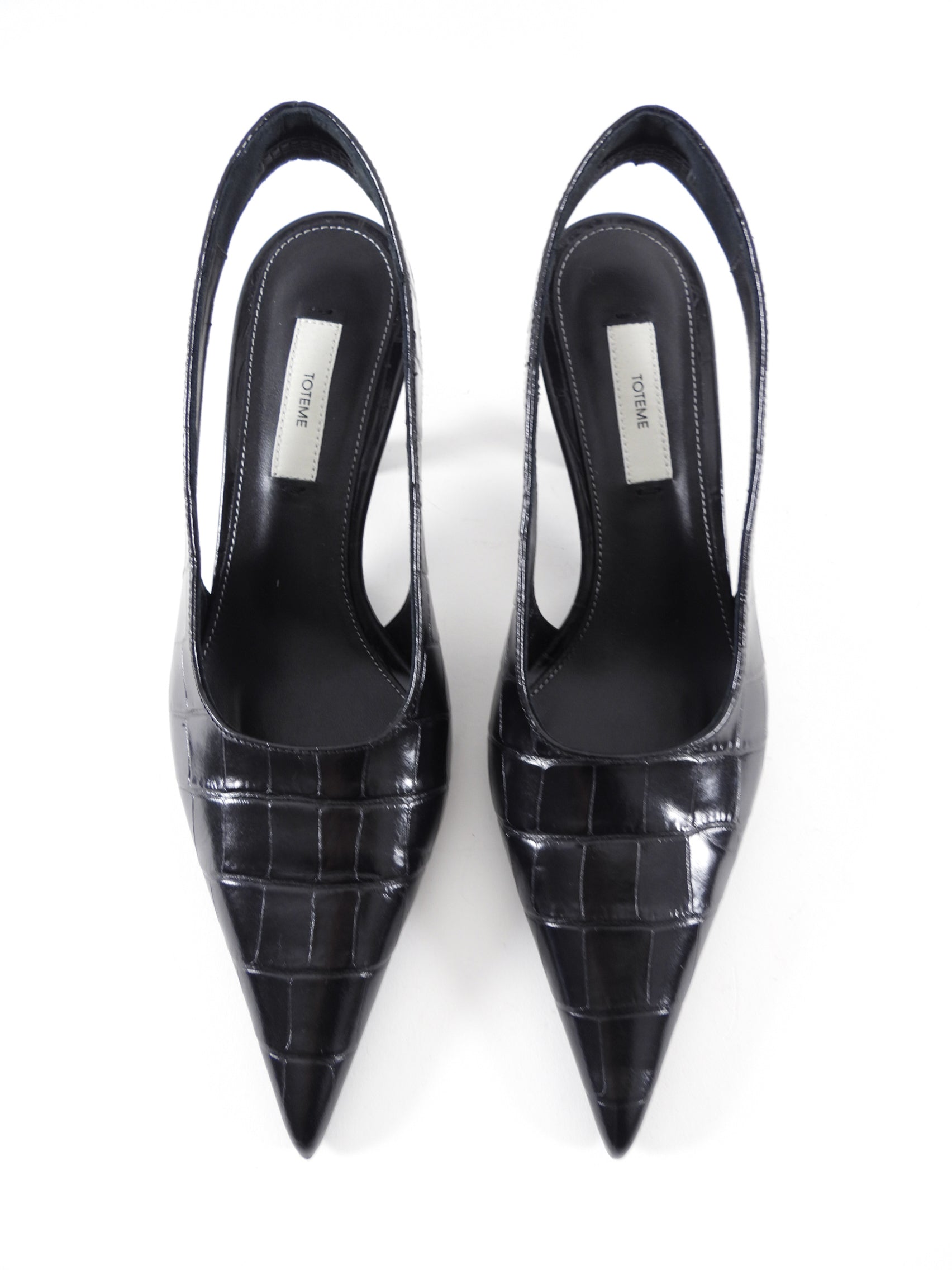 Toteme Black Croc Embossed Pointed Slingback Mules - 37