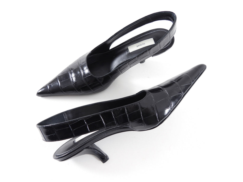 Toteme Black Croc Embossed Pointed Slingback Mules - 37