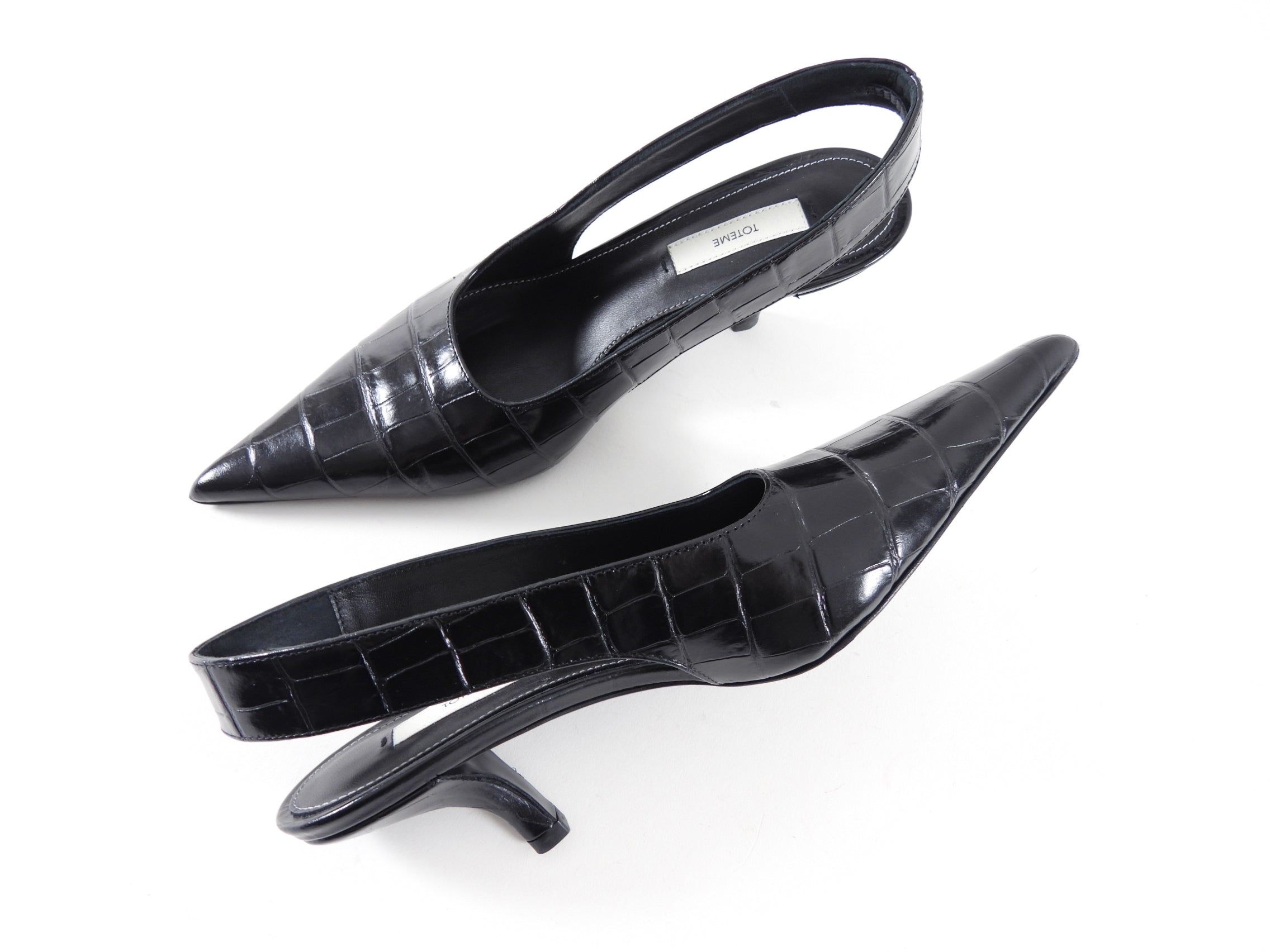 Toteme Black Croc Embossed Pointed Slingback Mules - 37