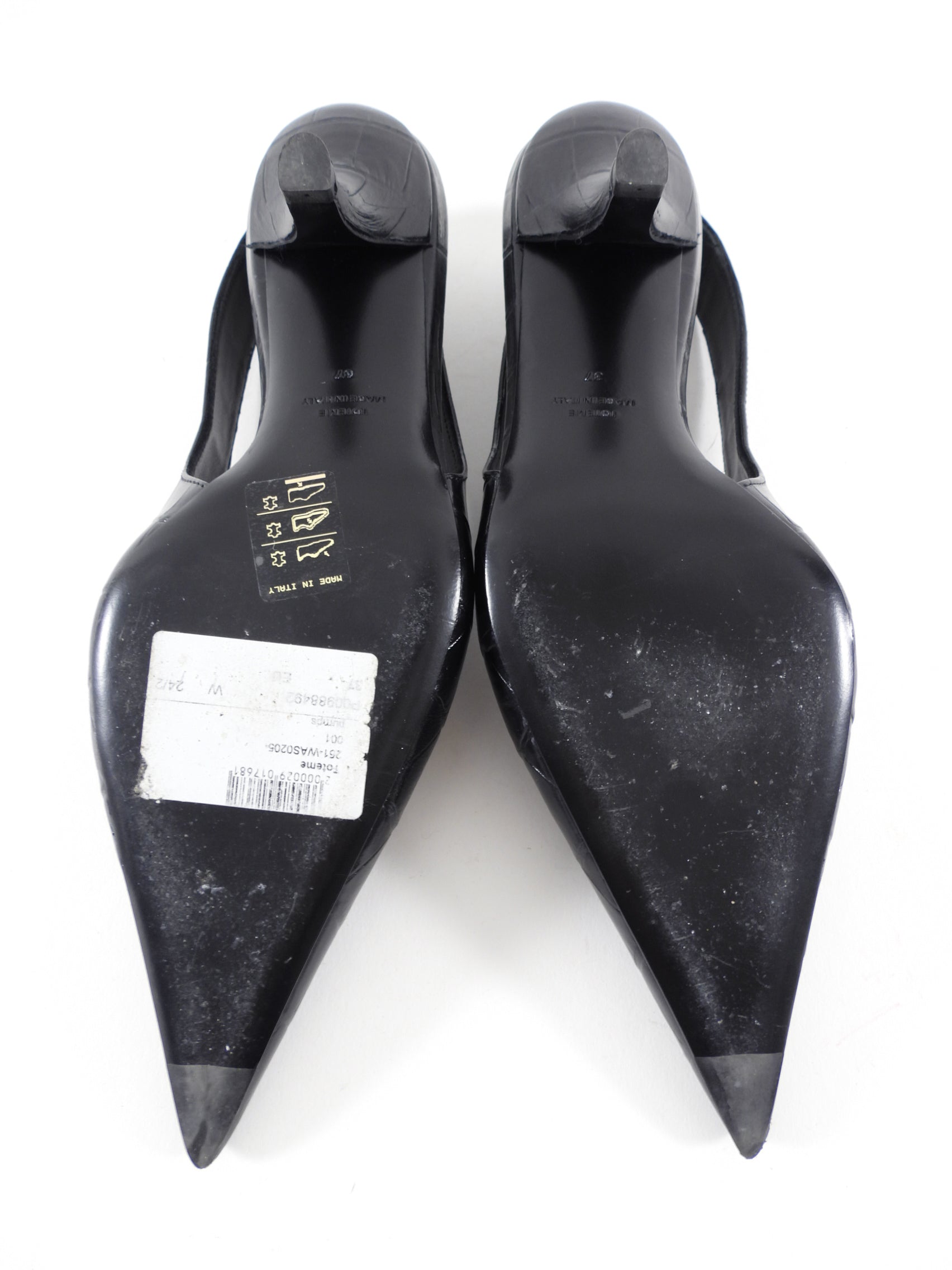 Toteme Black Croc Embossed Pointed Slingback Mules - 37