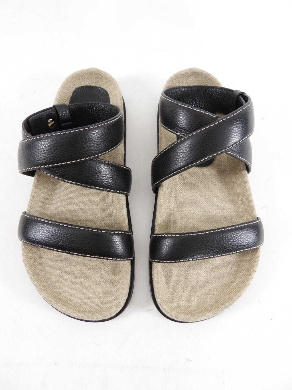 Toteme Black Leather and Canvas Flat Sandals - 37