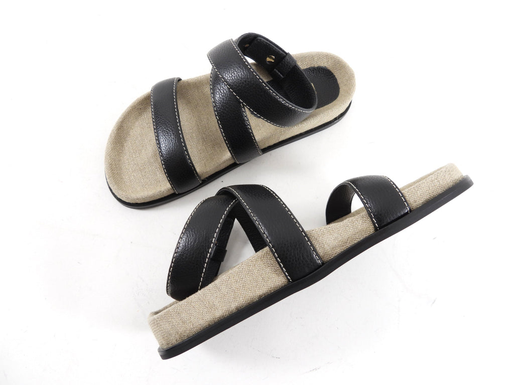 Toteme Black Leather and Canvas Flat Sandals - 37