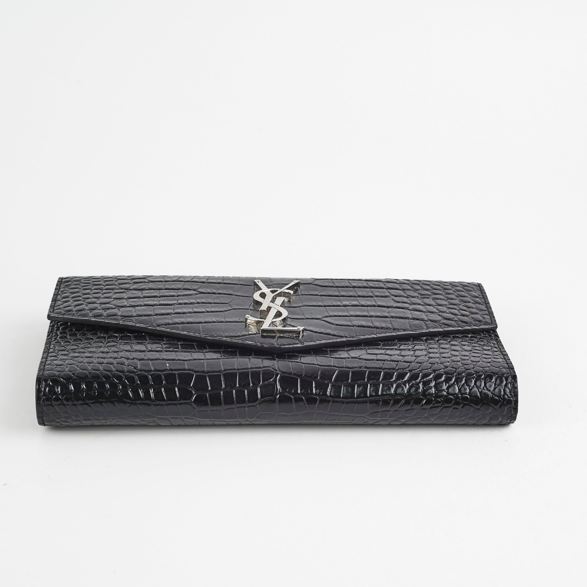 Saint Laurent Croc Embossed Wallet Clutch Black
