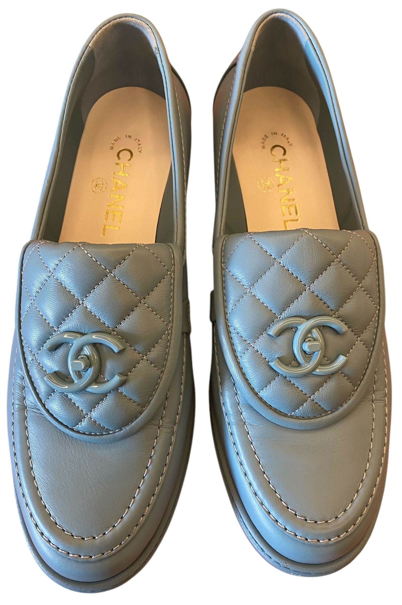 Chanel 23P Baby Blue Leather Quilted CC Turn Lock Loafers EU 41C