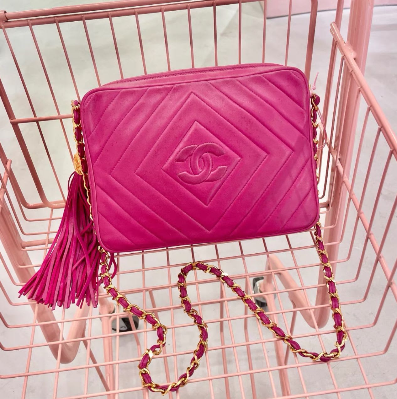 Vintage Chanel rose red lambskin tassel bag