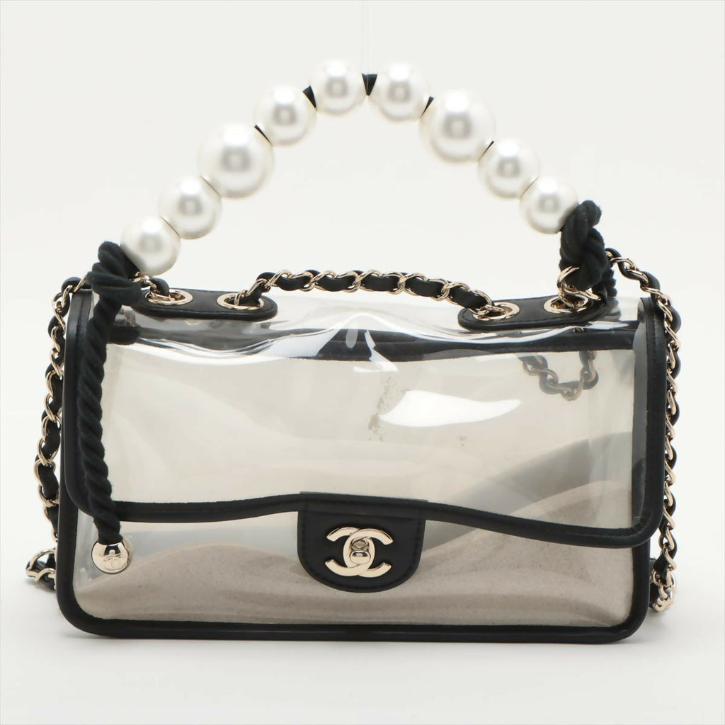 Chanel Black Lambskin PVC Sand By The Sea With Pearl Strap Flap Bag
