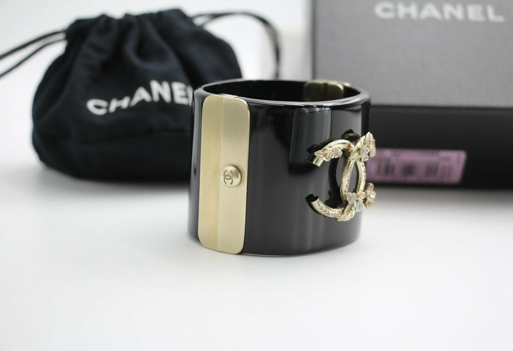 Chanel 13C Metal Resin Black Flower Bracelet Cuff