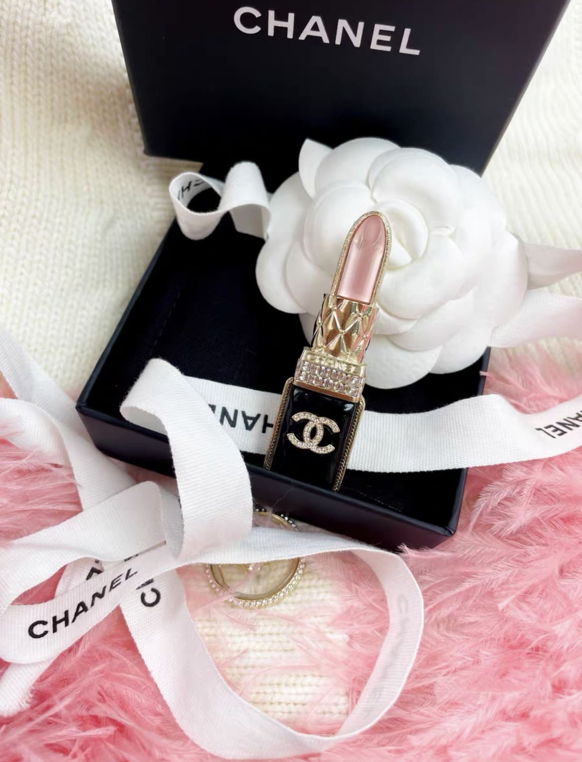 Chanel double C diamond pink lipstick brooch