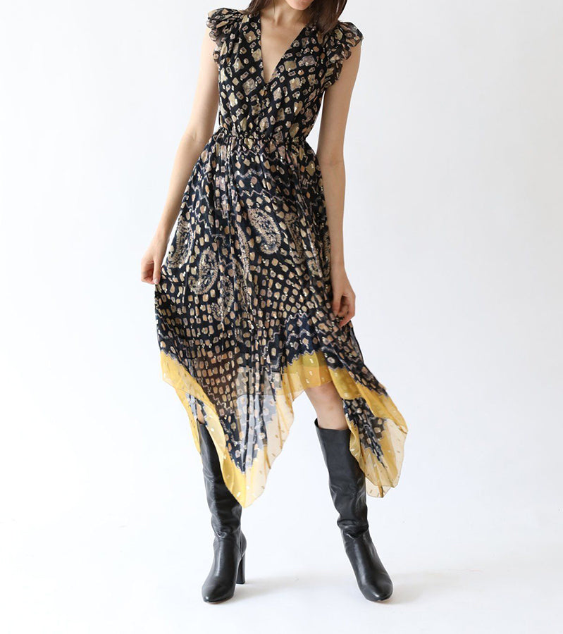 Ulla Johnson Aurelie Silk Boho Batik Print Metallic Yellow Hem Dress - 4
