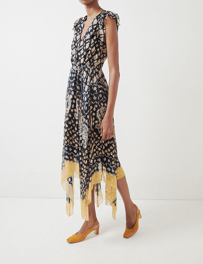 Ulla Johnson Aurelie Silk Boho Batik Print Metallic Yellow Hem Dress - 4