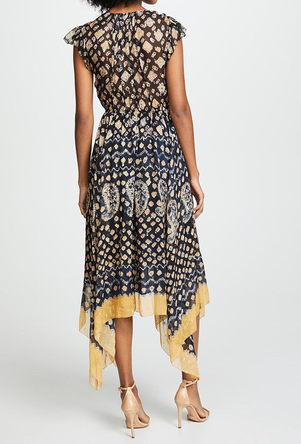Ulla Johnson Aurelie Silk Boho Batik Print Metallic Yellow Hem Dress - 4