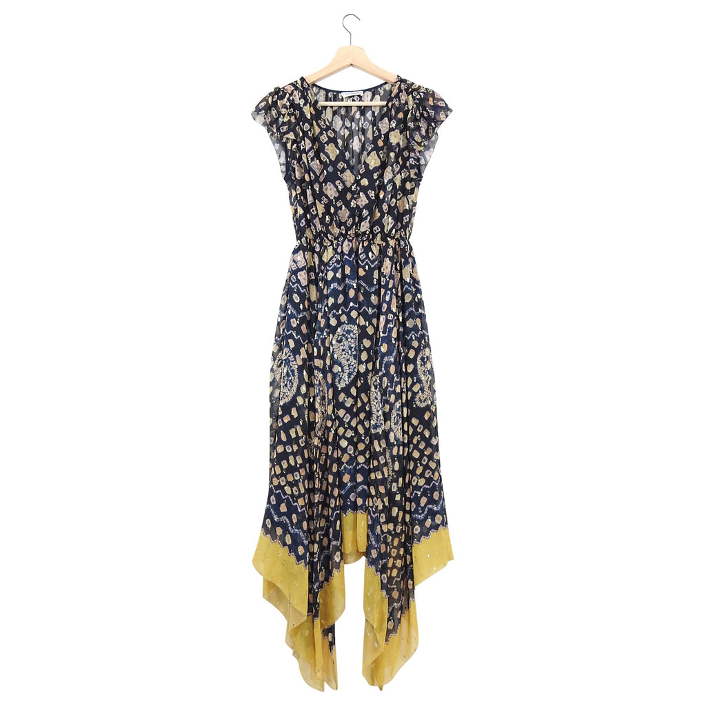 Ulla Johnson Aurelie Silk Boho Batik Print Metallic Yellow Hem Dress - 4