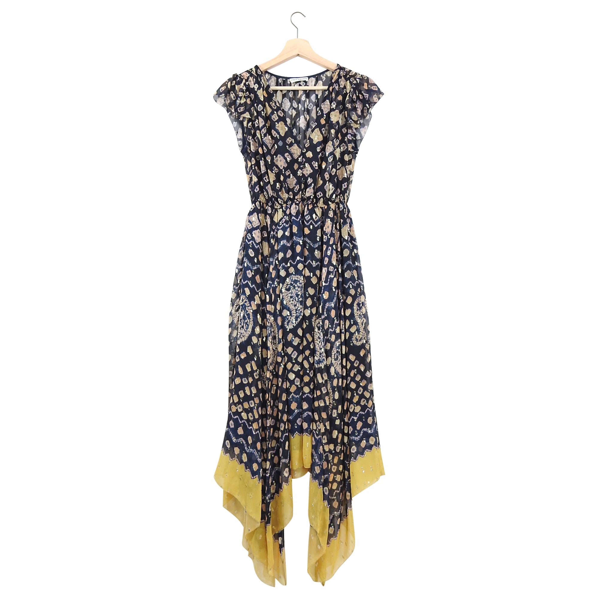 Ulla Johnson Aurelie Silk Boho Batik Print Metallic Yellow Hem Dress - 4