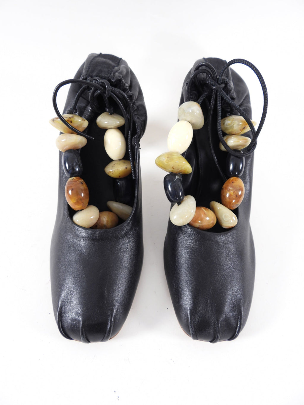 Ulla Johnson Black Leather Wood Heel Pumps with Resin Beads - 40