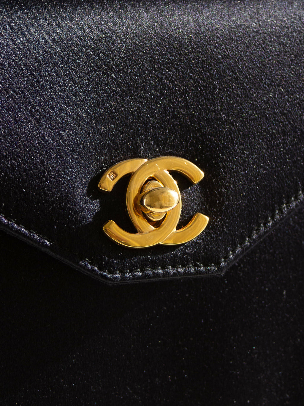 Chanel Vintage Kelly 1996 Black Satin 24K Gold Mini Evening Bag