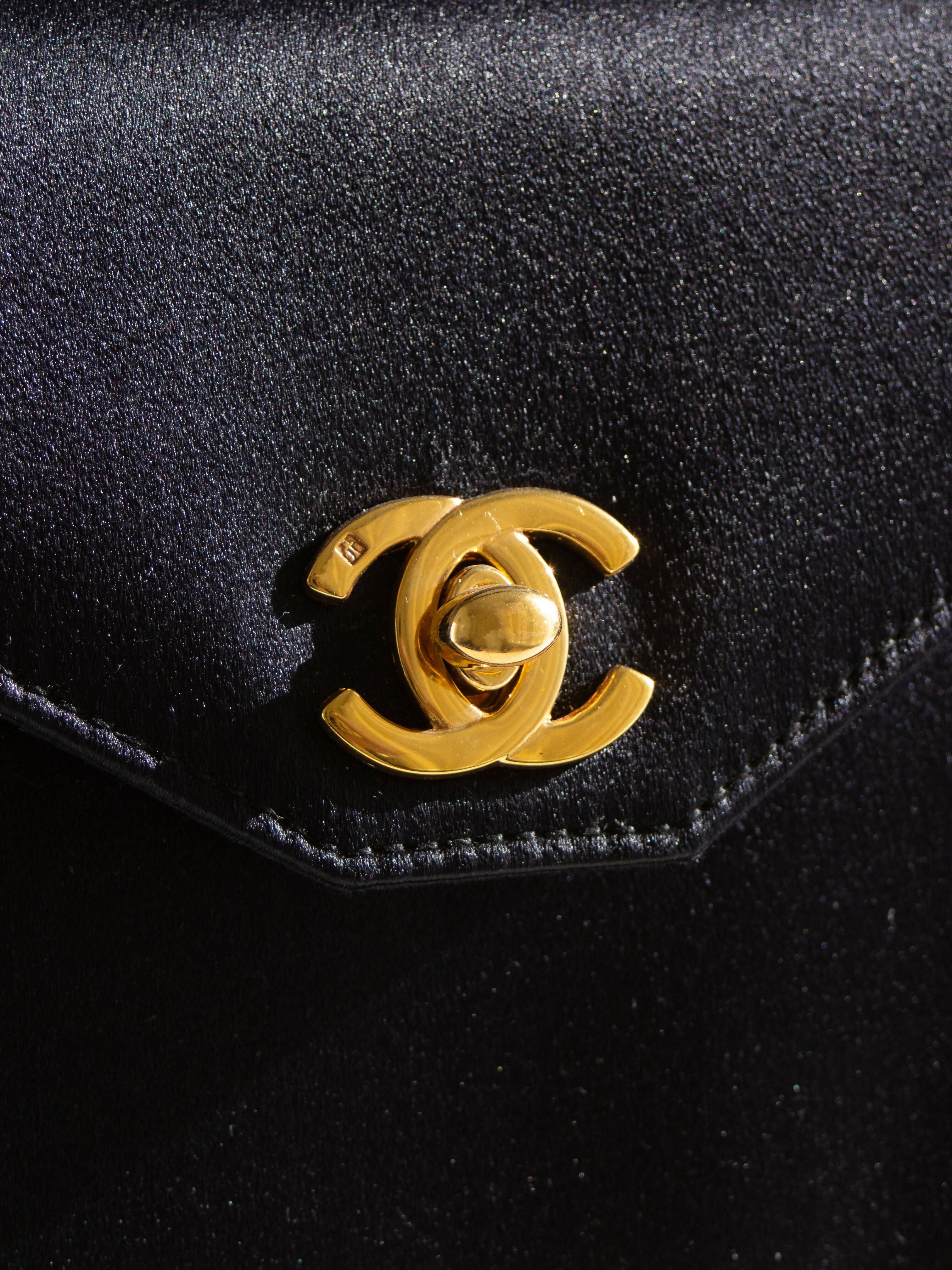 Chanel Vintage Kelly 1996 Black Satin 24K Gold Mini Evening Bag