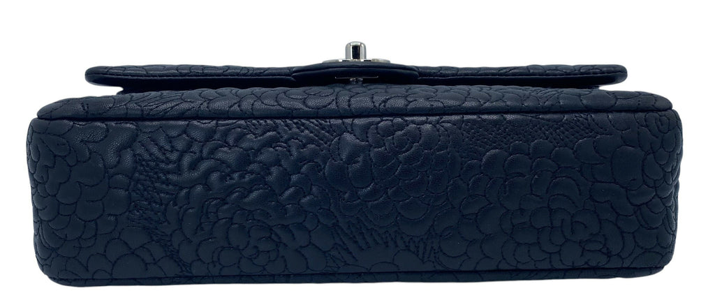 Chanel Black Camellia Embossed Lambskin Classic Timeless Medium Double Flap Bag SHW