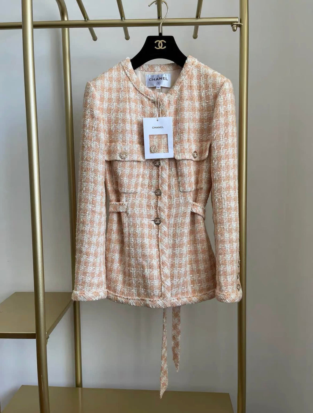 chanel 23s houndstooth light orange plaid jacket size 36