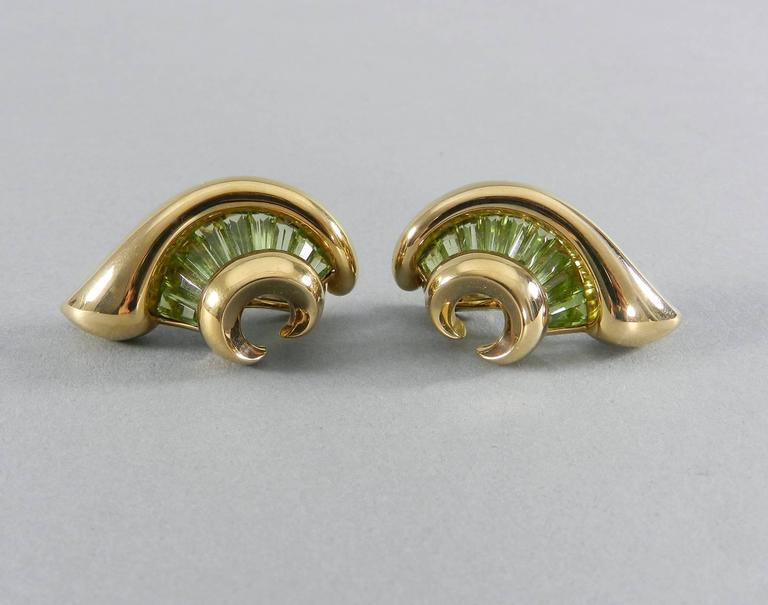 Verdura Green Tourmaline Gold Swirl Clip Earrings
