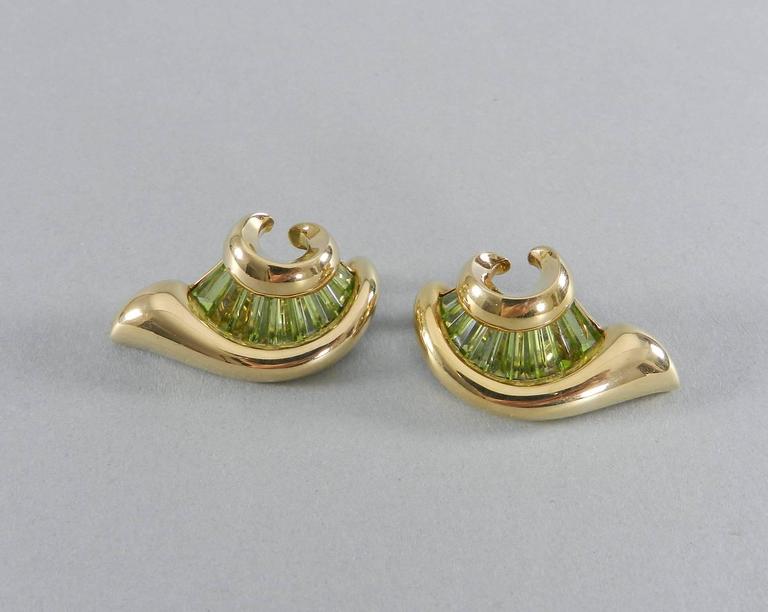 Verdura Green Tourmaline Gold Swirl Clip Earrings