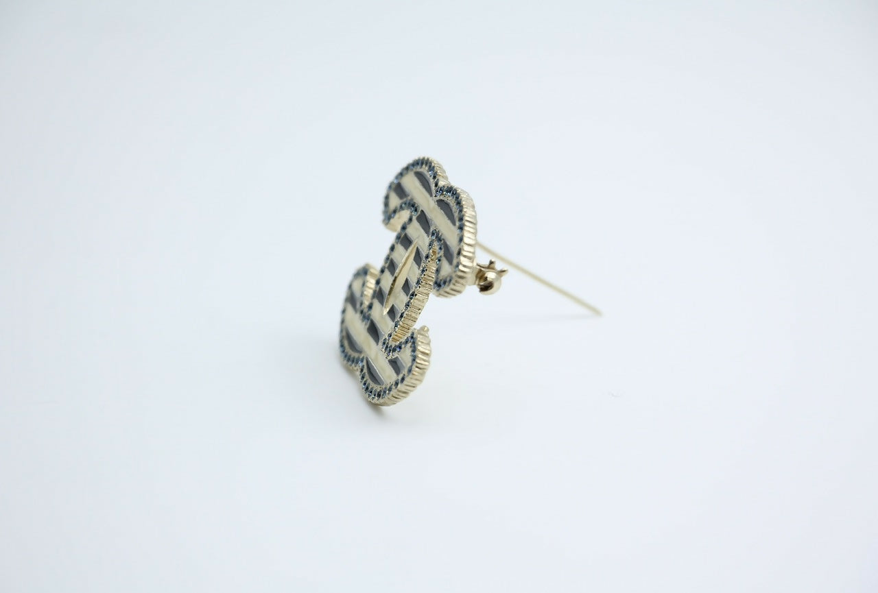 Chanel Vintage 06A Blue Rhinestone Beige Black Stripe Brooch