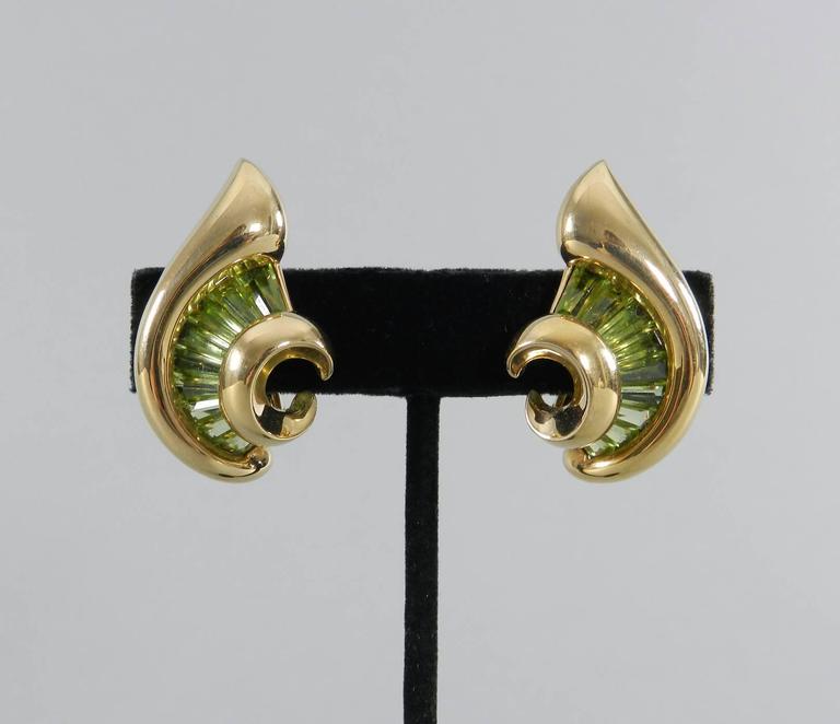Verdura Green Tourmaline Gold Swirl Clip Earrings