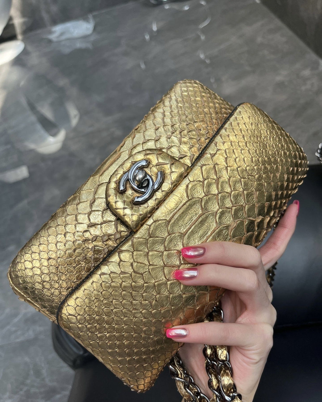 Chanel gold snakeskin big mini