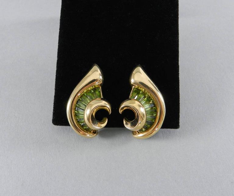 Verdura Green Tourmaline Gold Swirl Clip Earrings