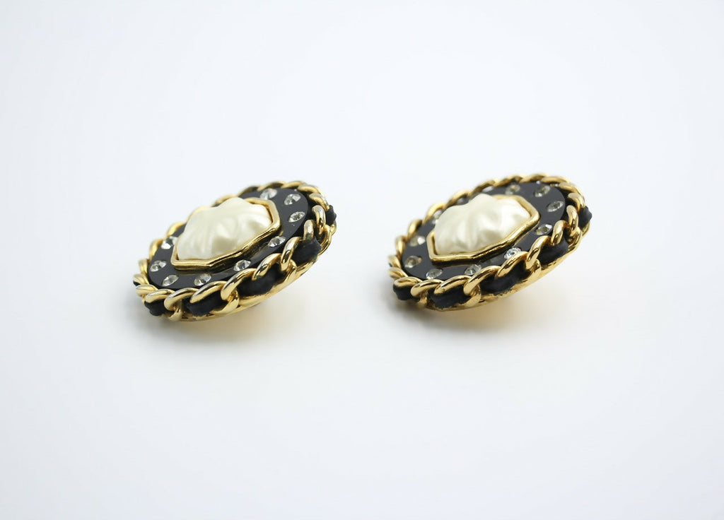 Chanel Vintage 1988 Leather Chain & Rhinestone Clip-on Round Earrings