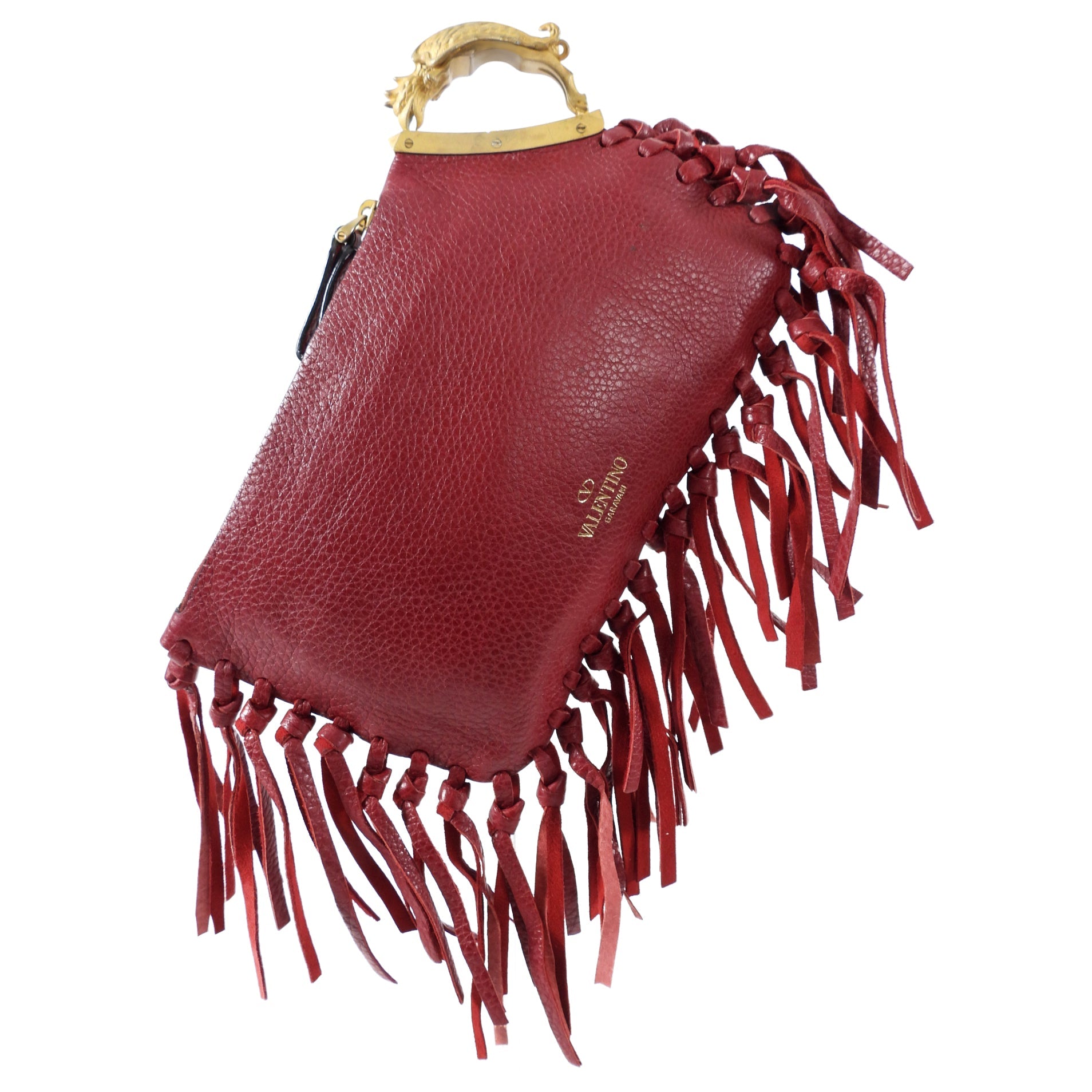 Valentino Small Red Leather Fringed Clutch Bag
