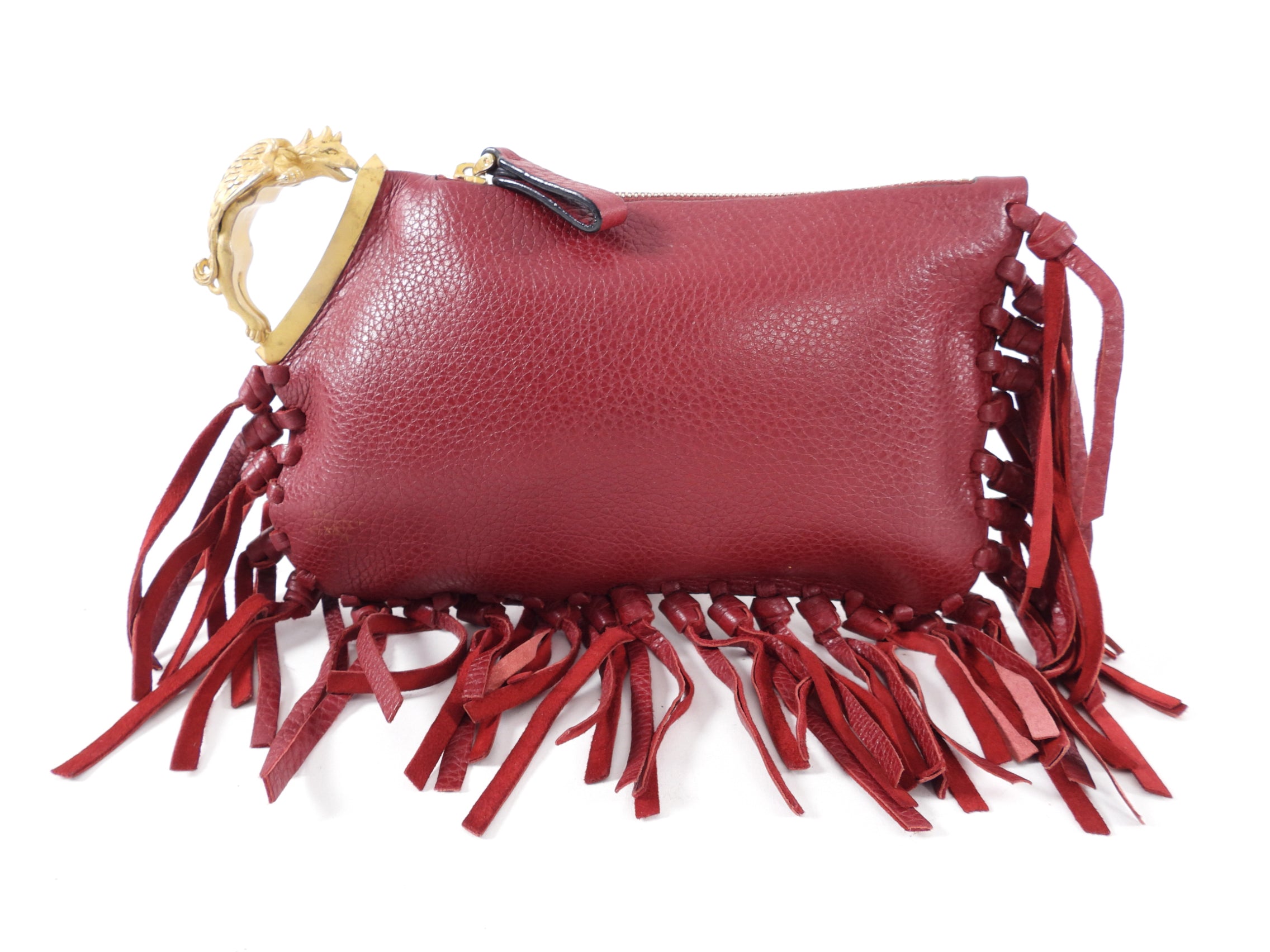 Valentino Small Red Leather Fringed Clutch Bag