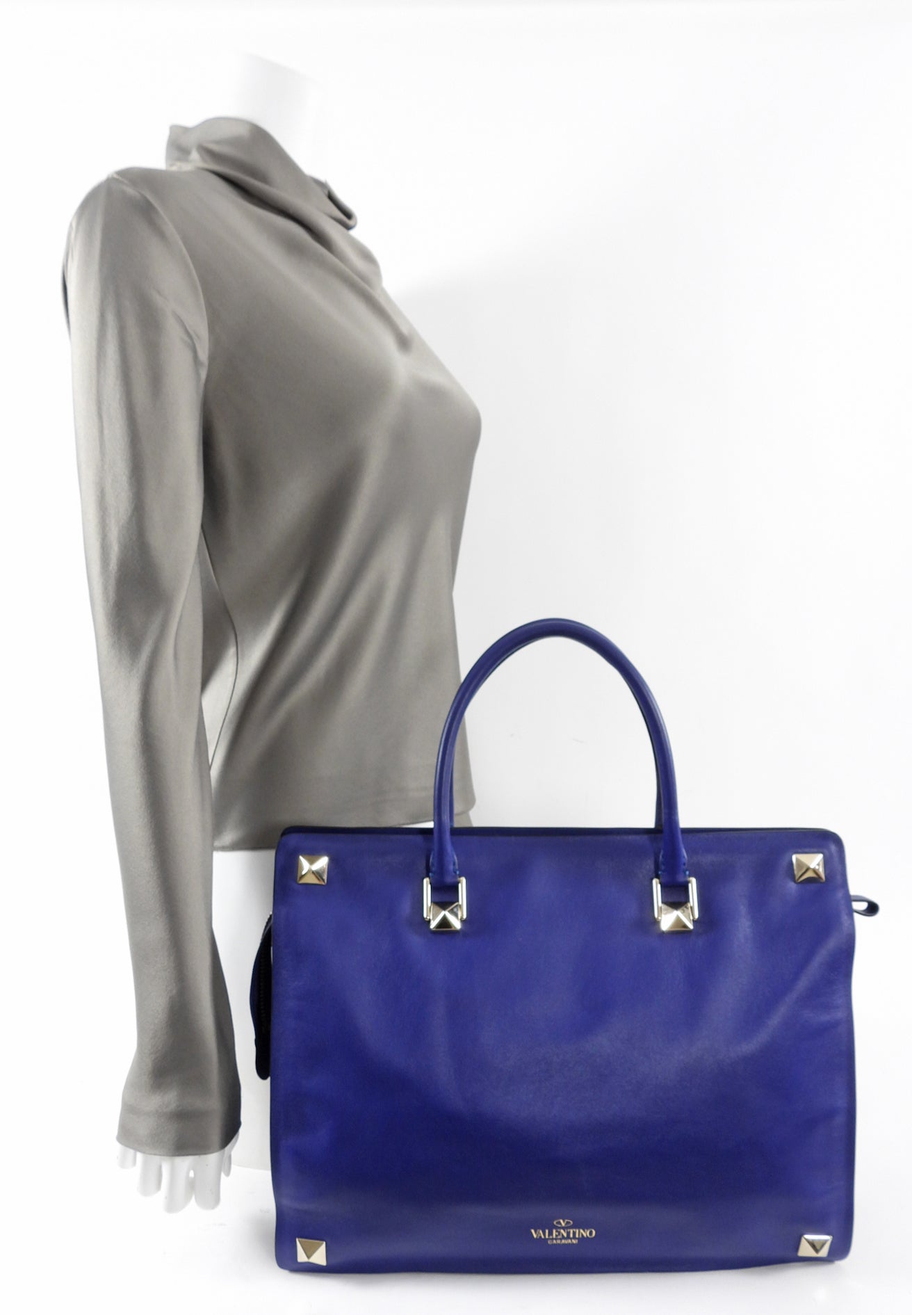 Valentino Cobalt Blue Leather Rock Stud Zipper Tote Bag