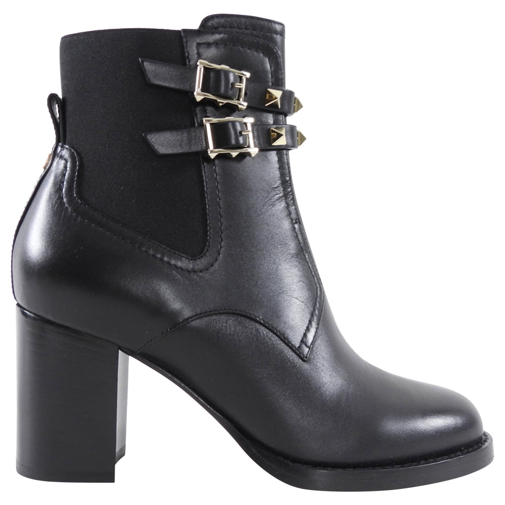 Valentino Black Rockstud Leather Block Heel Ankle Boots - 36