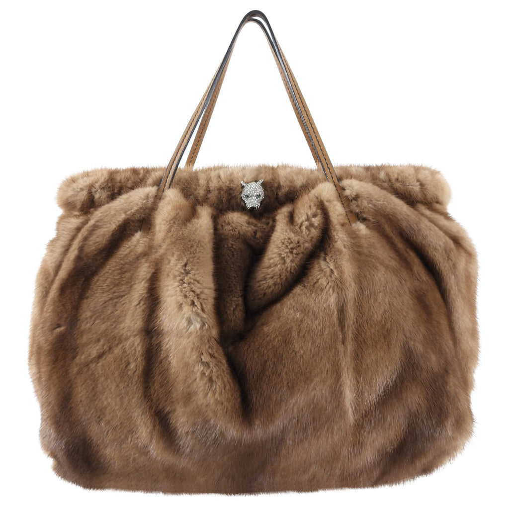 Valentino Brown Natural Mink Fur Bag with Jewelled Panther
