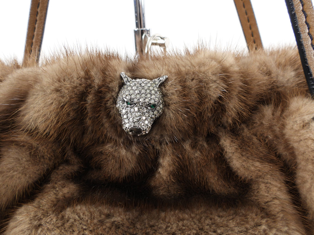 Valentino Brown Natural Mink Fur Bag with Jewelled Panther
