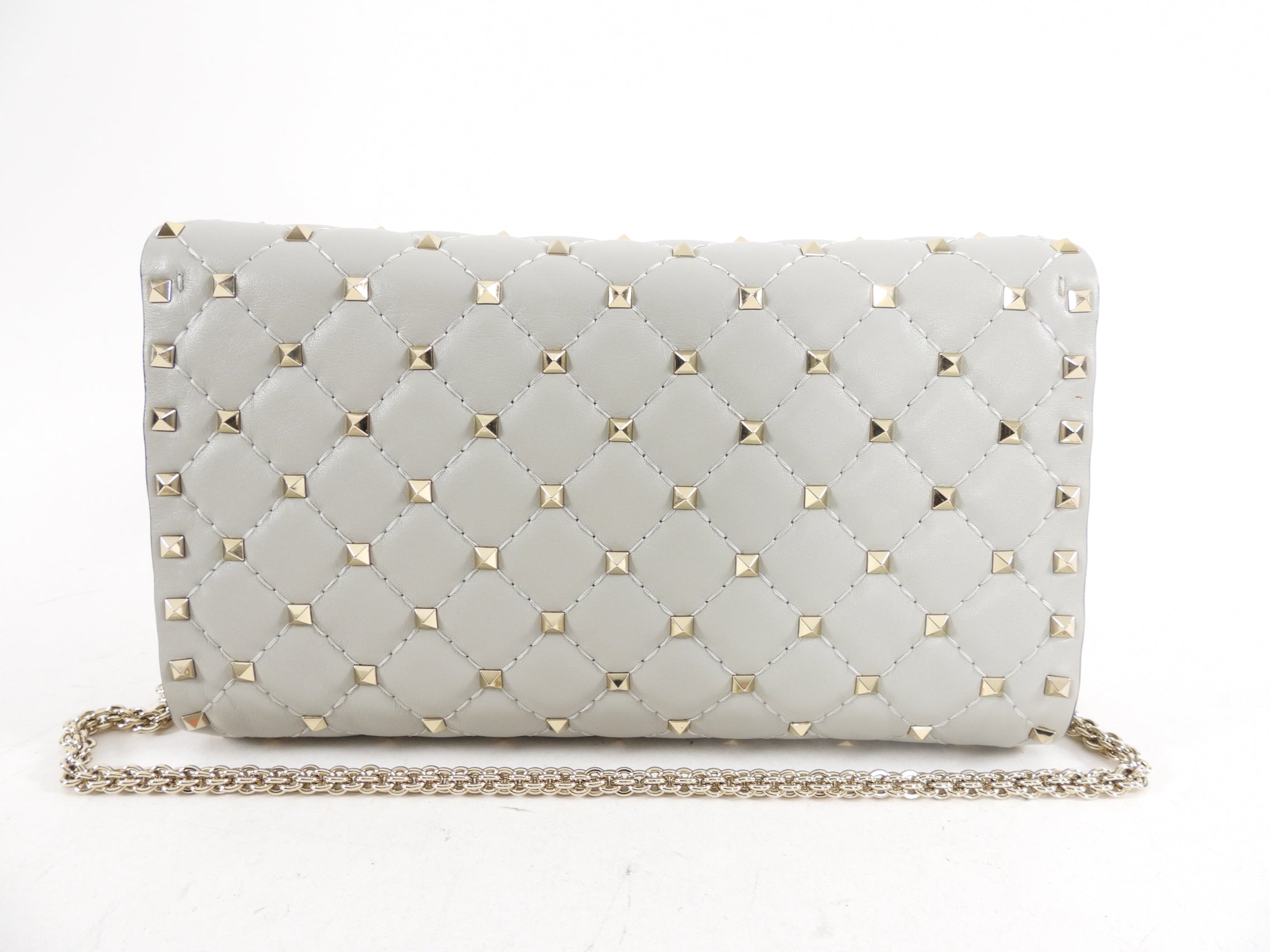 Valentino Light Grey Rock Stud Spike Clutch with Chain