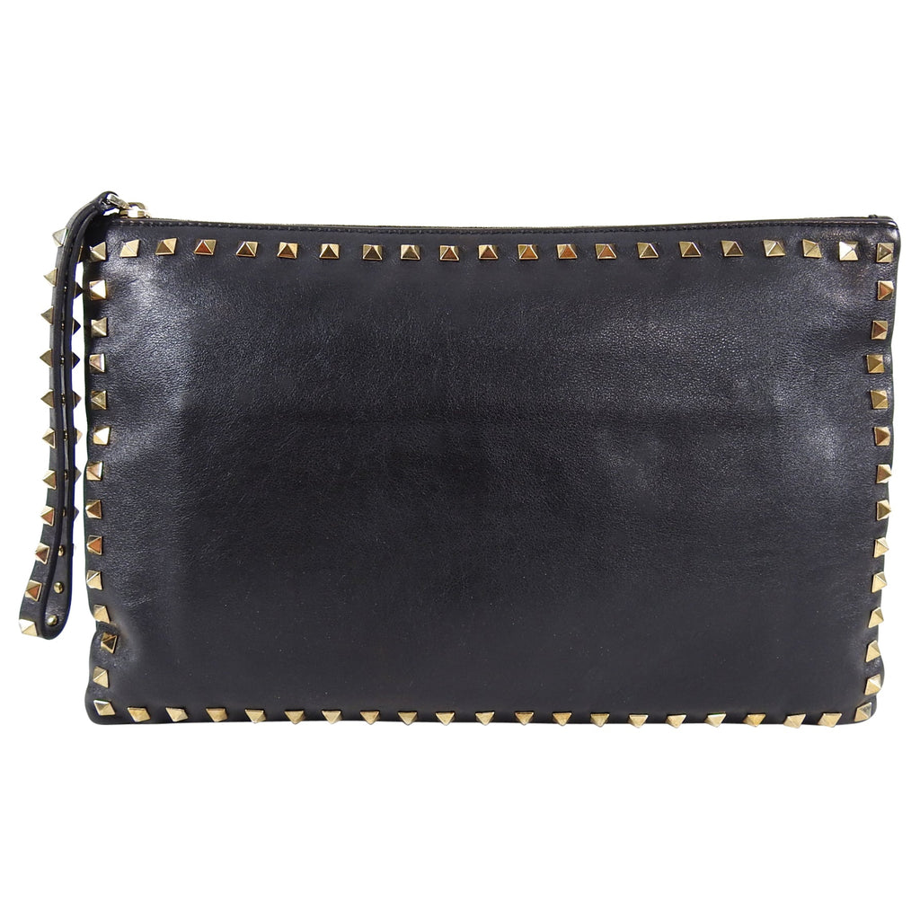 Valentino Black Leather Rock Stud Large Clutch Bag