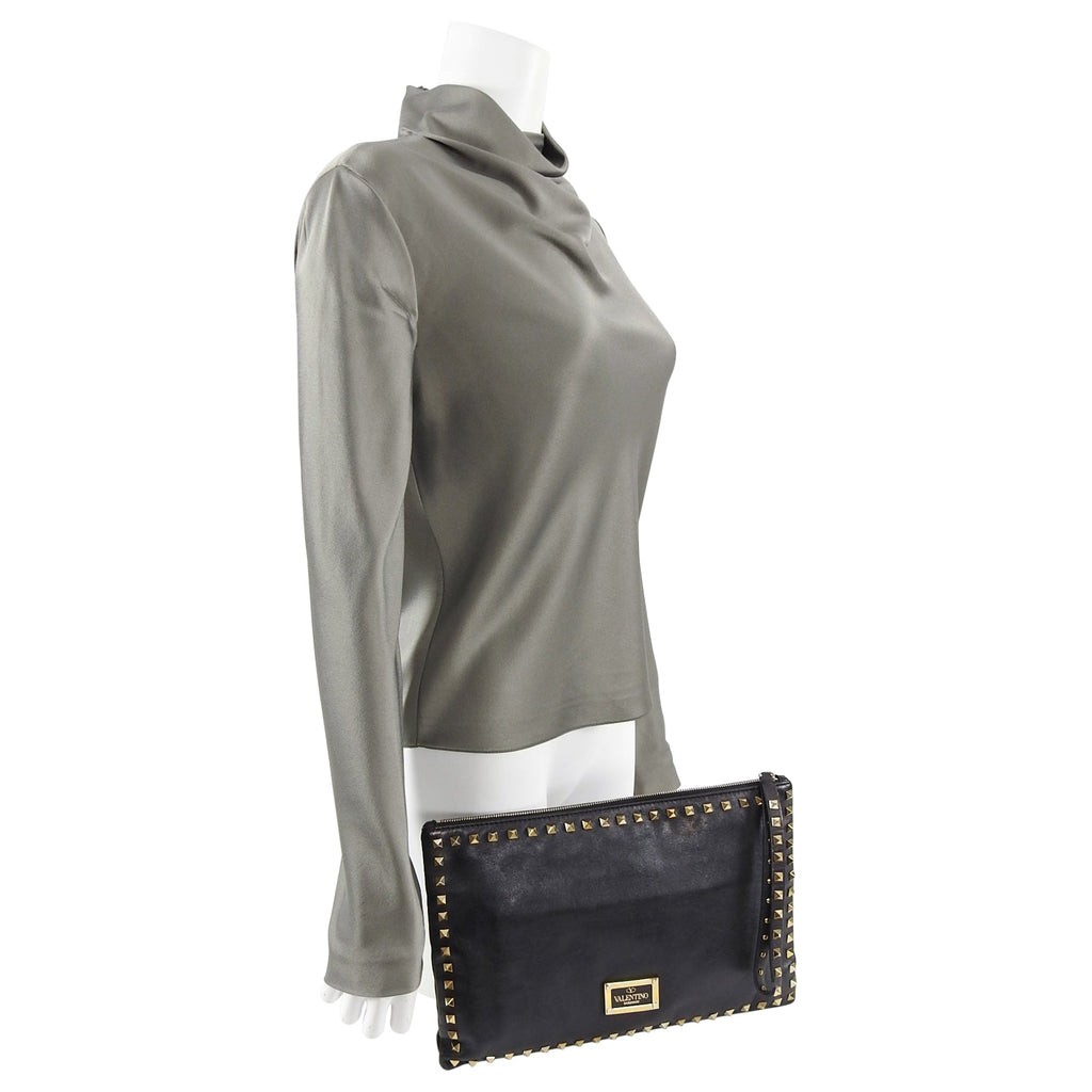 Valentino Black Leather Rock Stud Large Clutch Bag