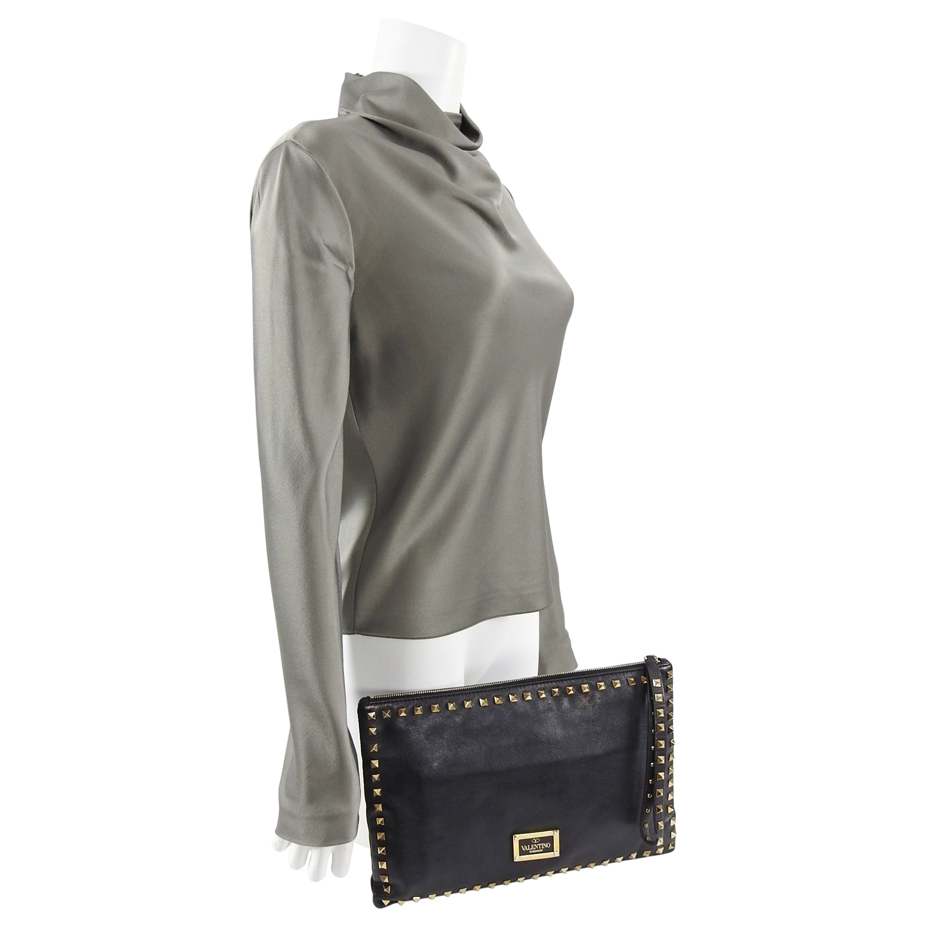 Valentino Black Leather Rock Stud Large Clutch Bag