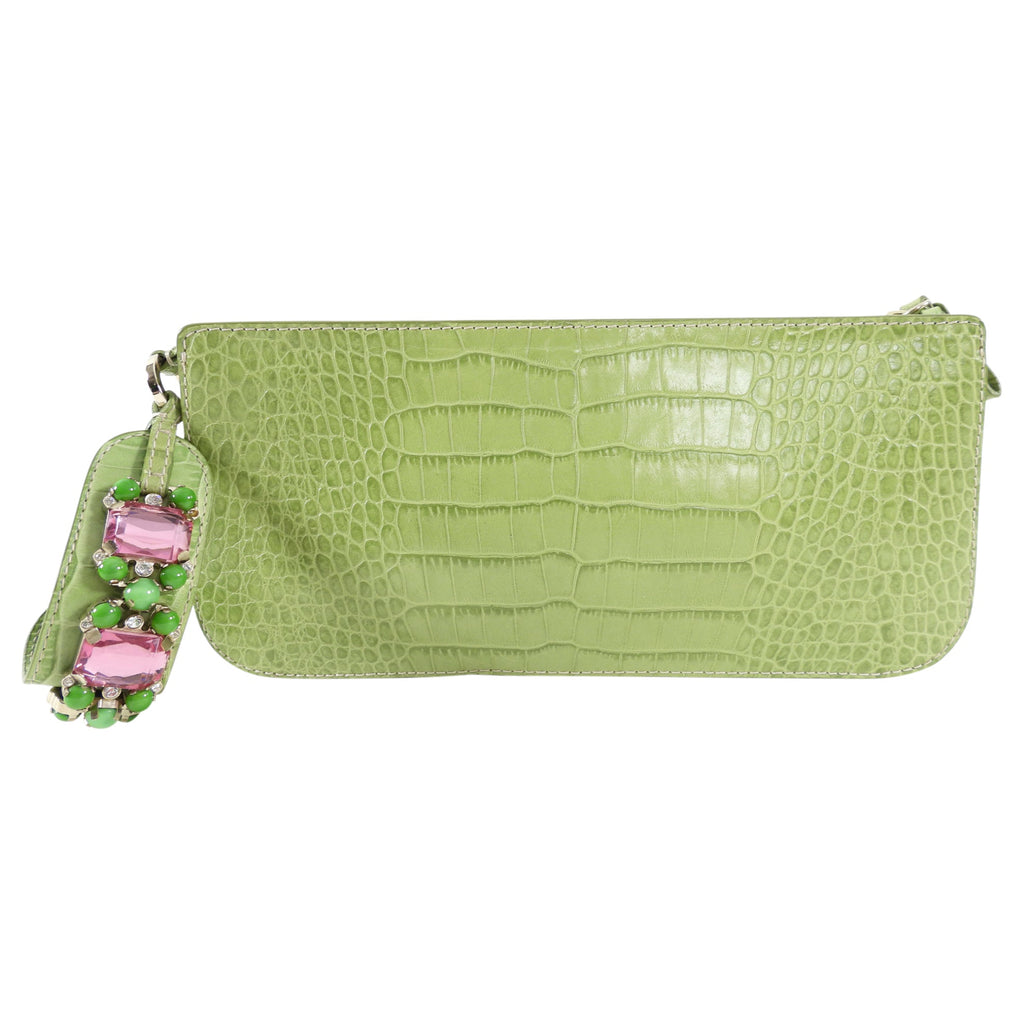Valentino Green Croc-Embossed Leather Jewelled Wristlet Bag