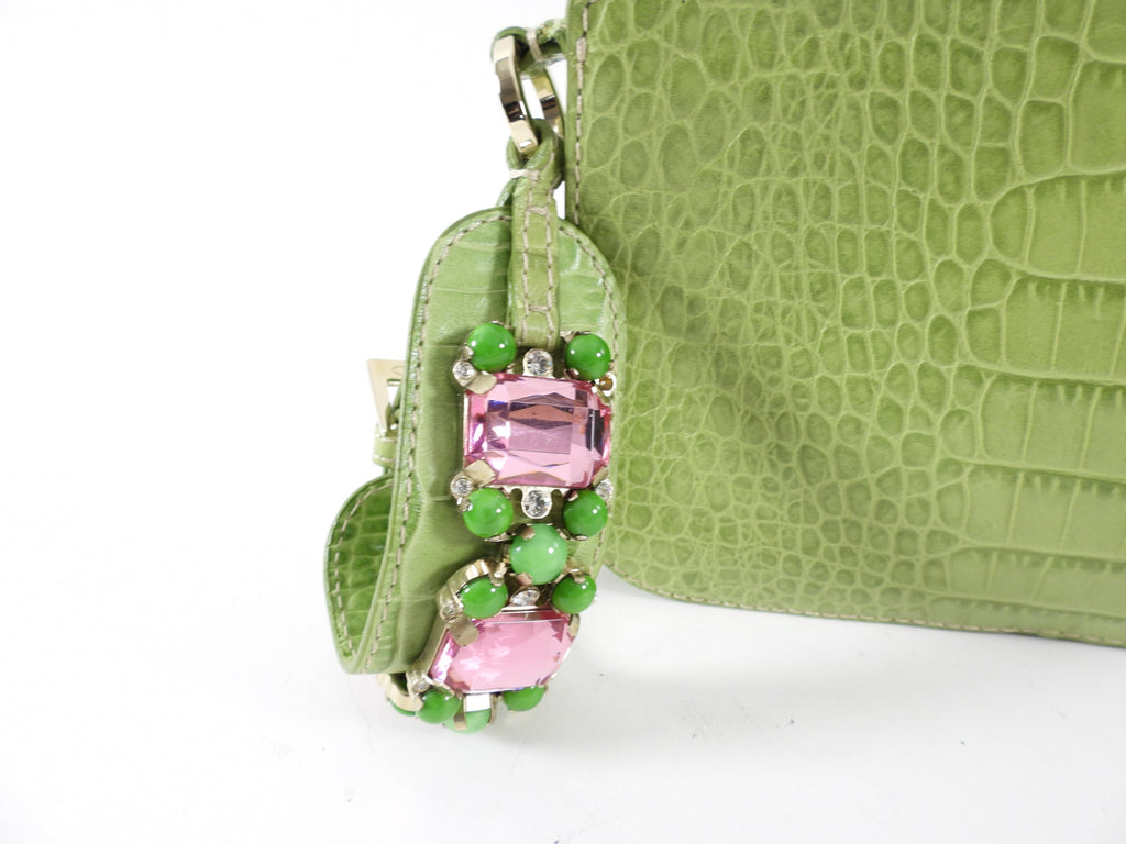 Valentino Green Croc-Embossed Leather Jewelled Wristlet Bag