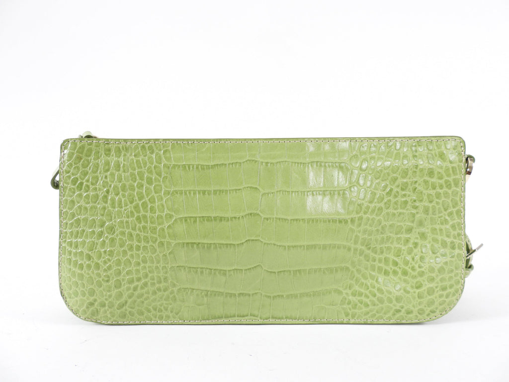 Valentino Green Croc-Embossed Leather Jewelled Wristlet Bag