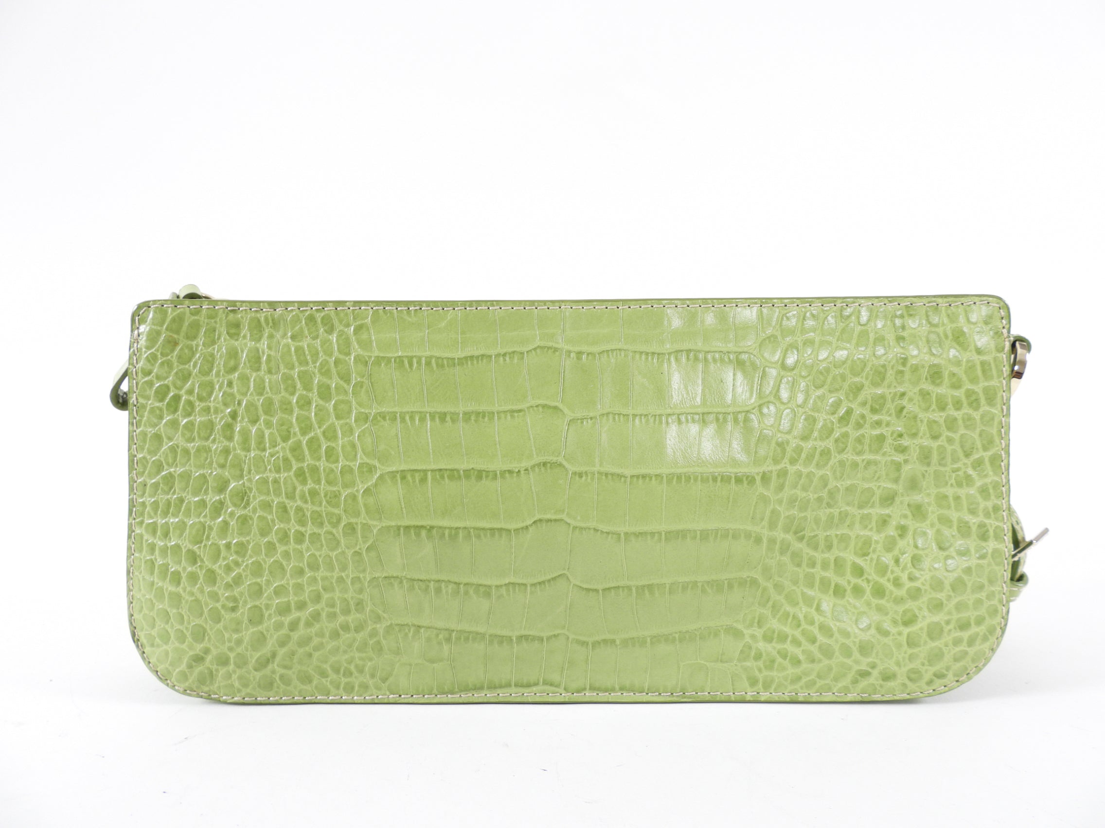 Valentino Green Croc-Embossed Leather Jewelled Wristlet Bag