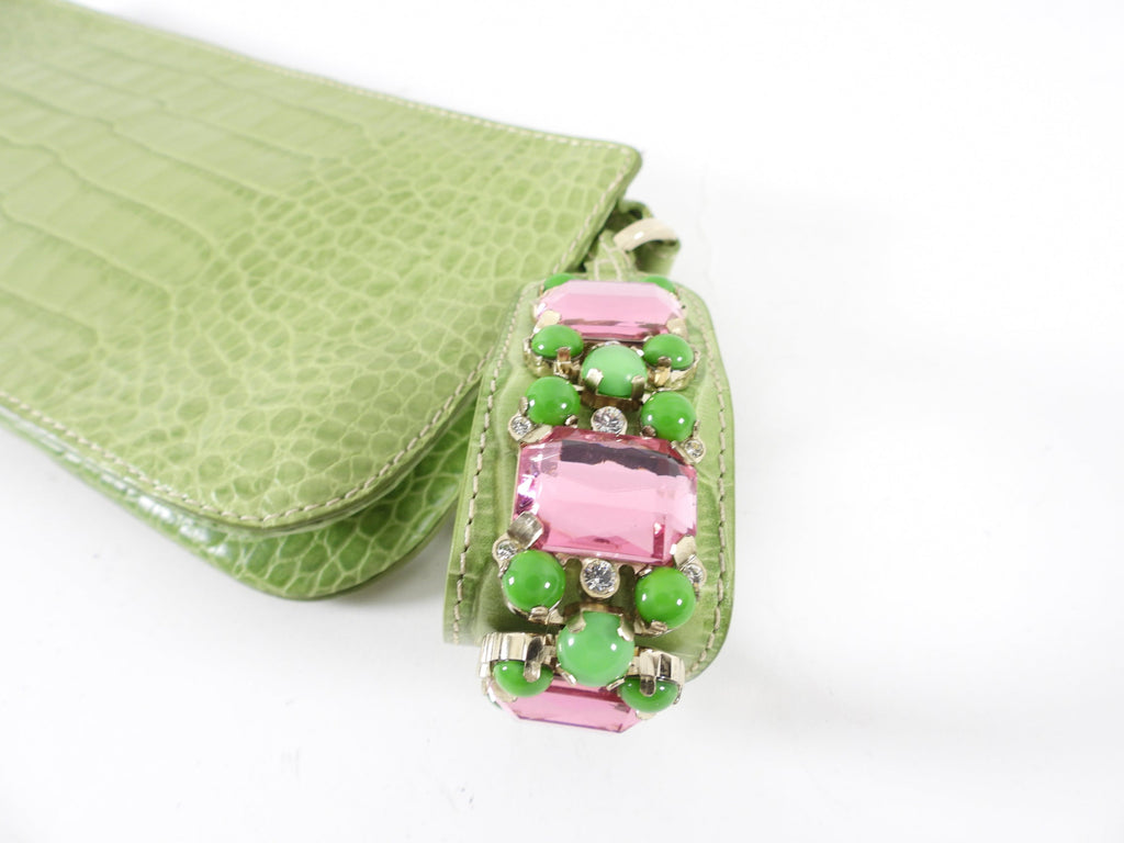 Valentino Green Croc-Embossed Leather Jewelled Wristlet Bag