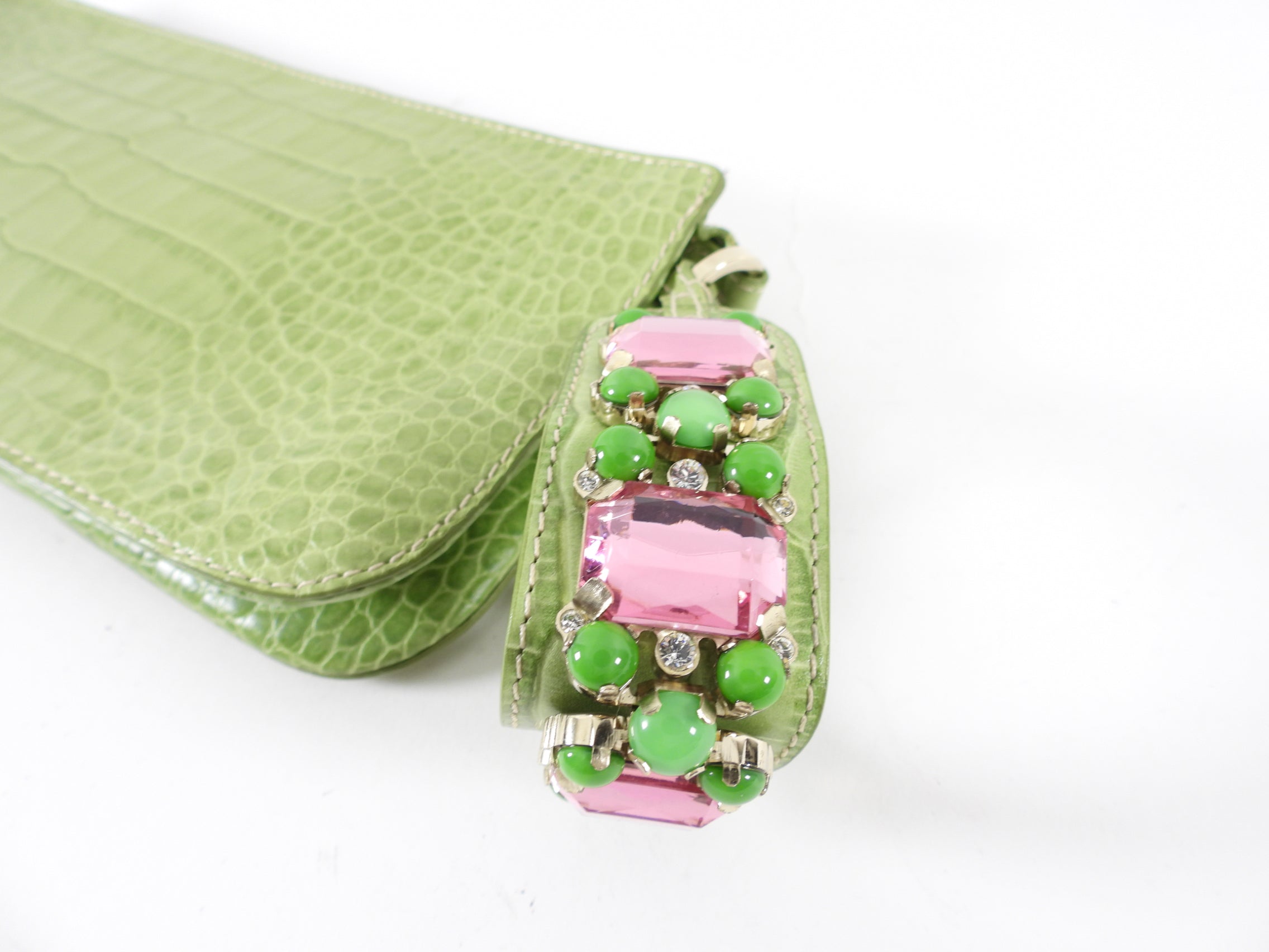 Valentino Green Croc-Embossed Leather Jewelled Wristlet Bag