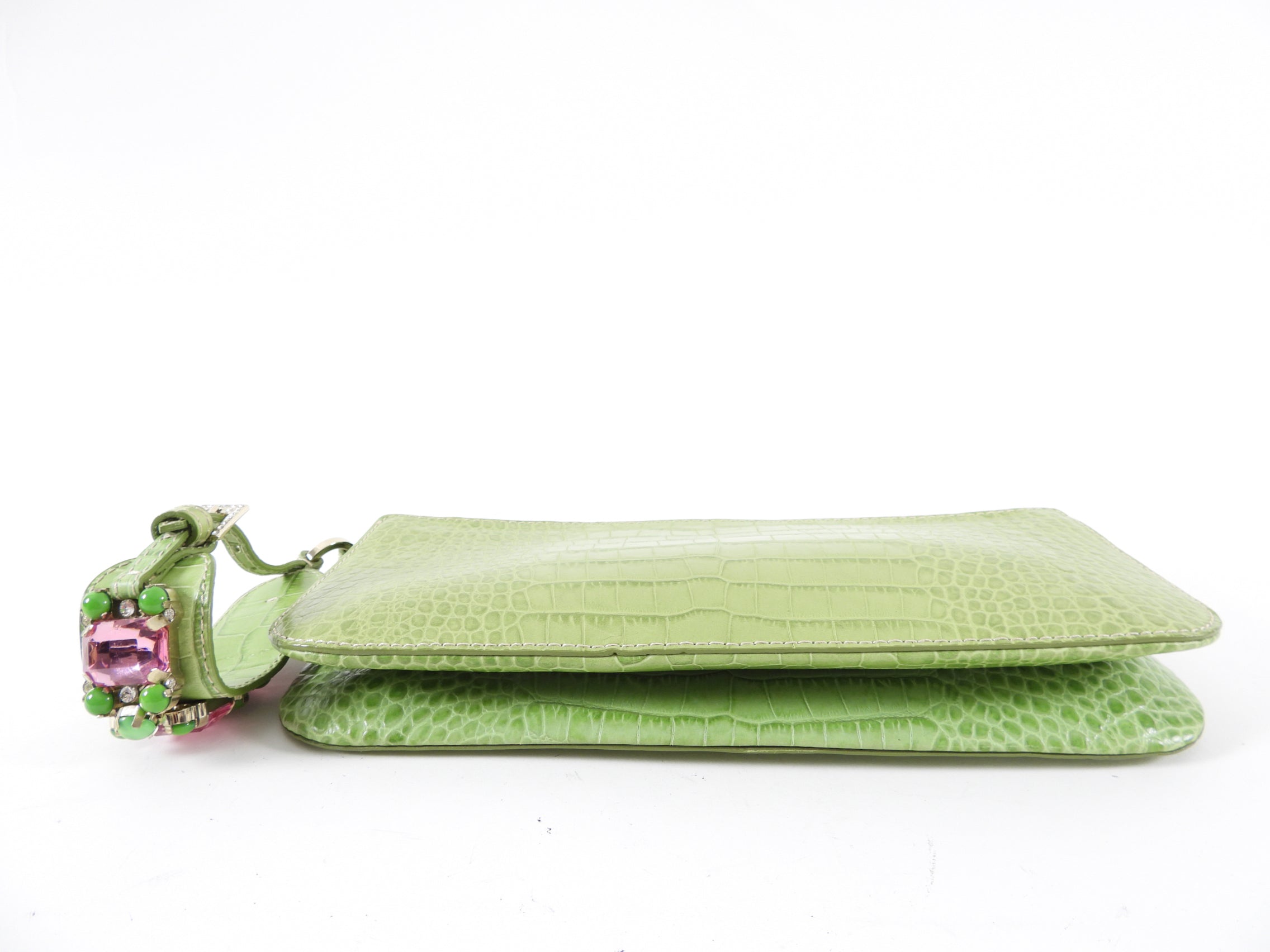 Valentino Green Croc-Embossed Leather Jewelled Wristlet Bag
