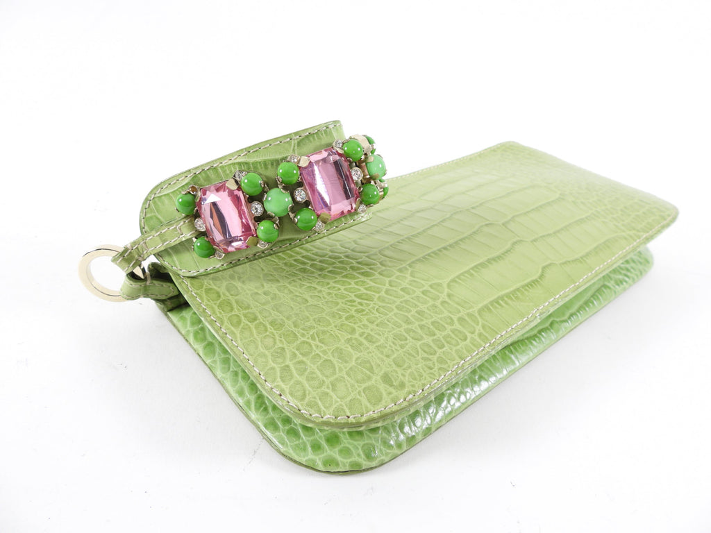 Valentino Green Croc-Embossed Leather Jewelled Wristlet Bag