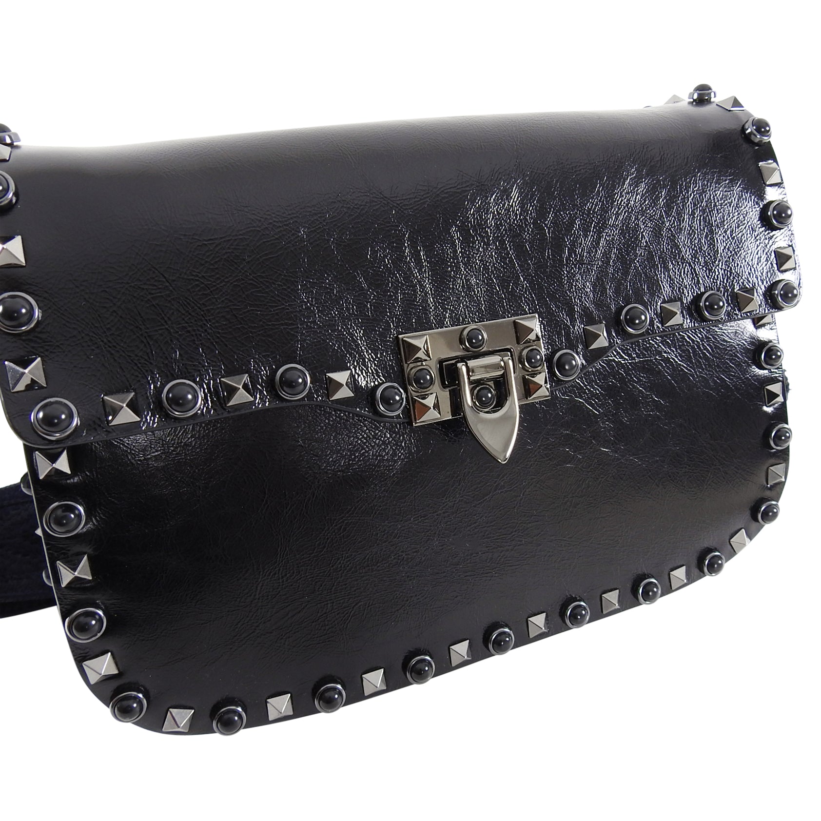 Valentino Noir Black Rockstud Rolling Guitar Strap Bag