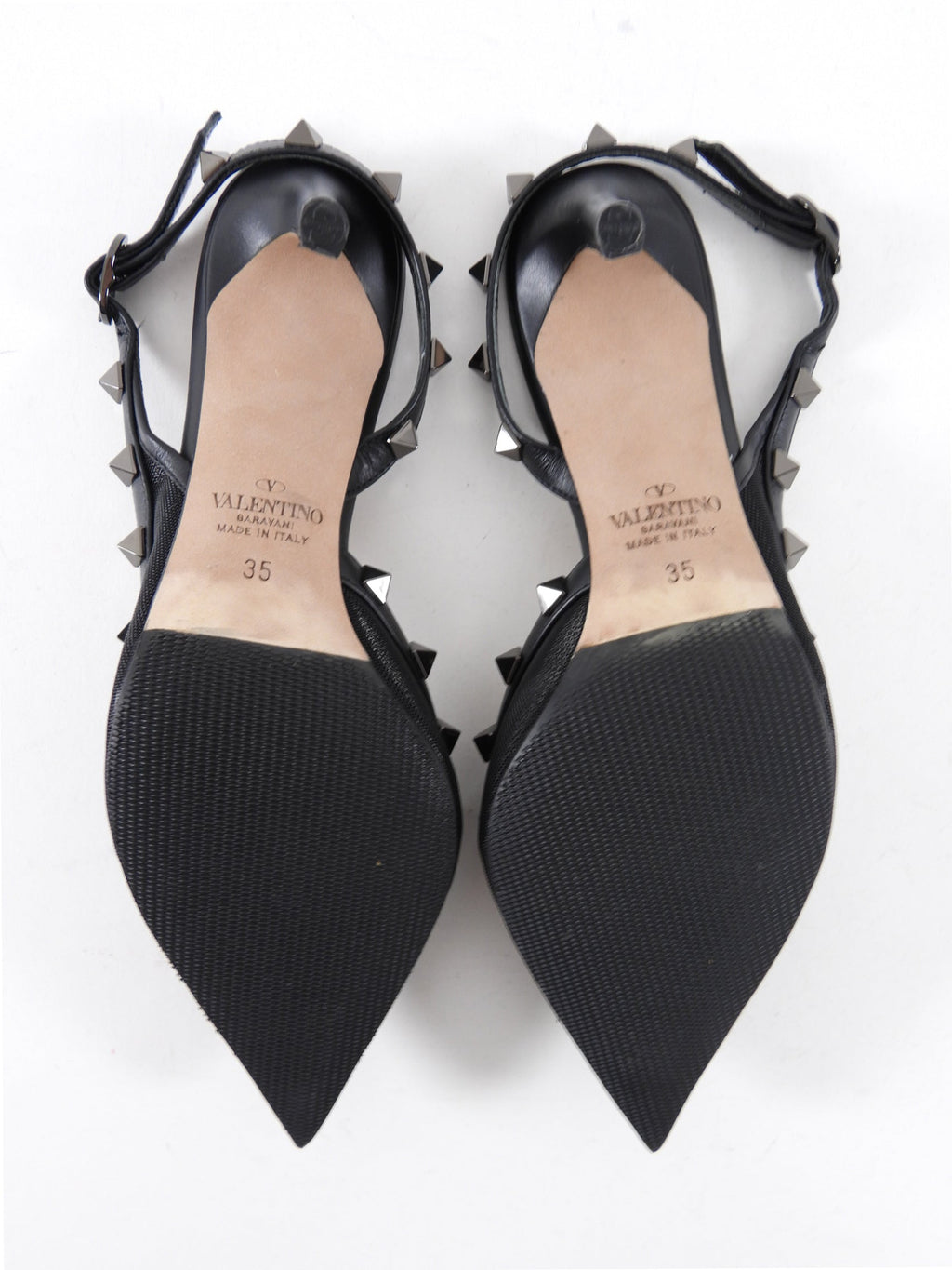 Valentino Black Mesh and Leather Rockstud Slingback Heels - 35