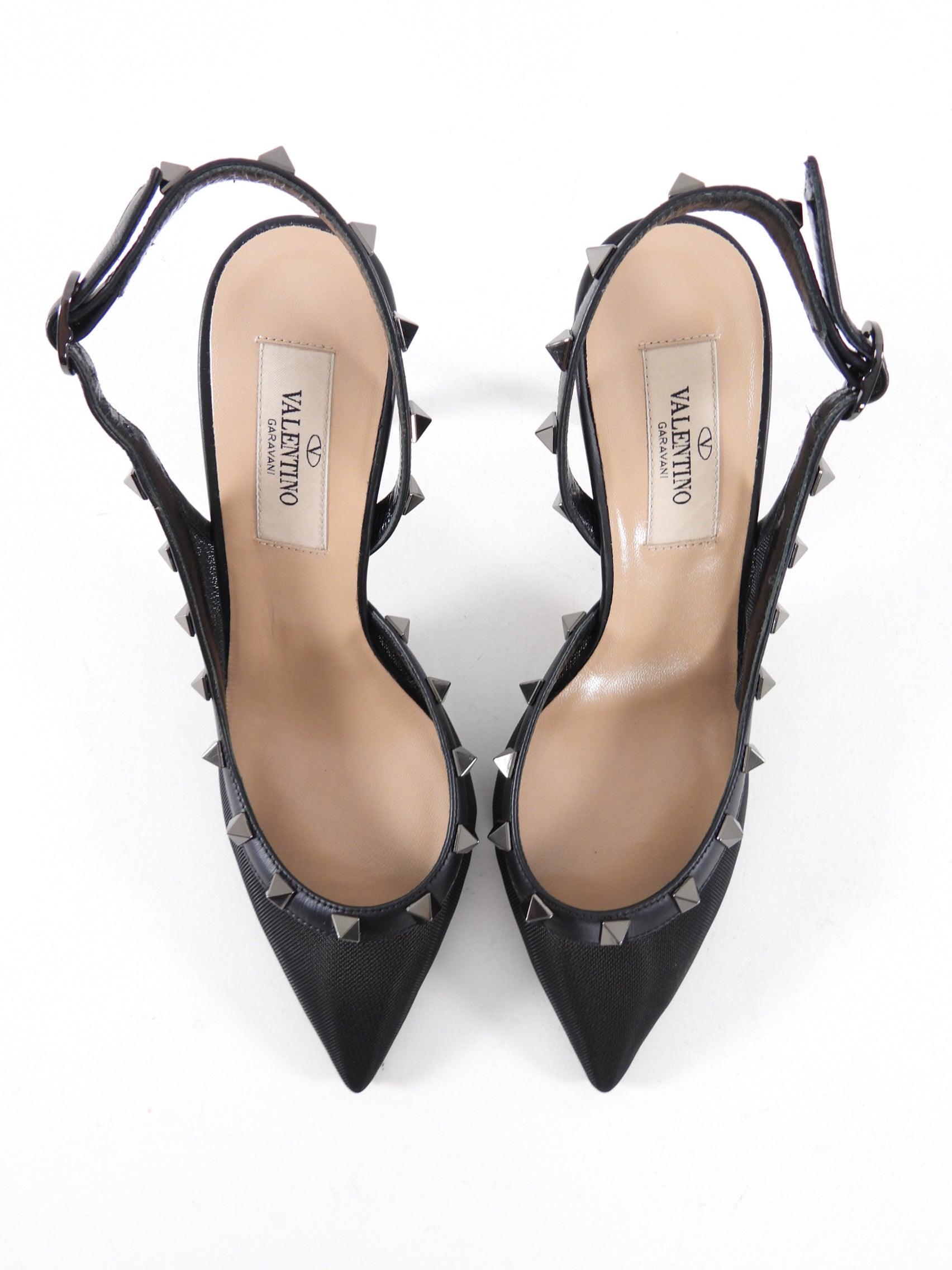 Valentino Black Mesh and Leather Rockstud Slingback Heels - 35